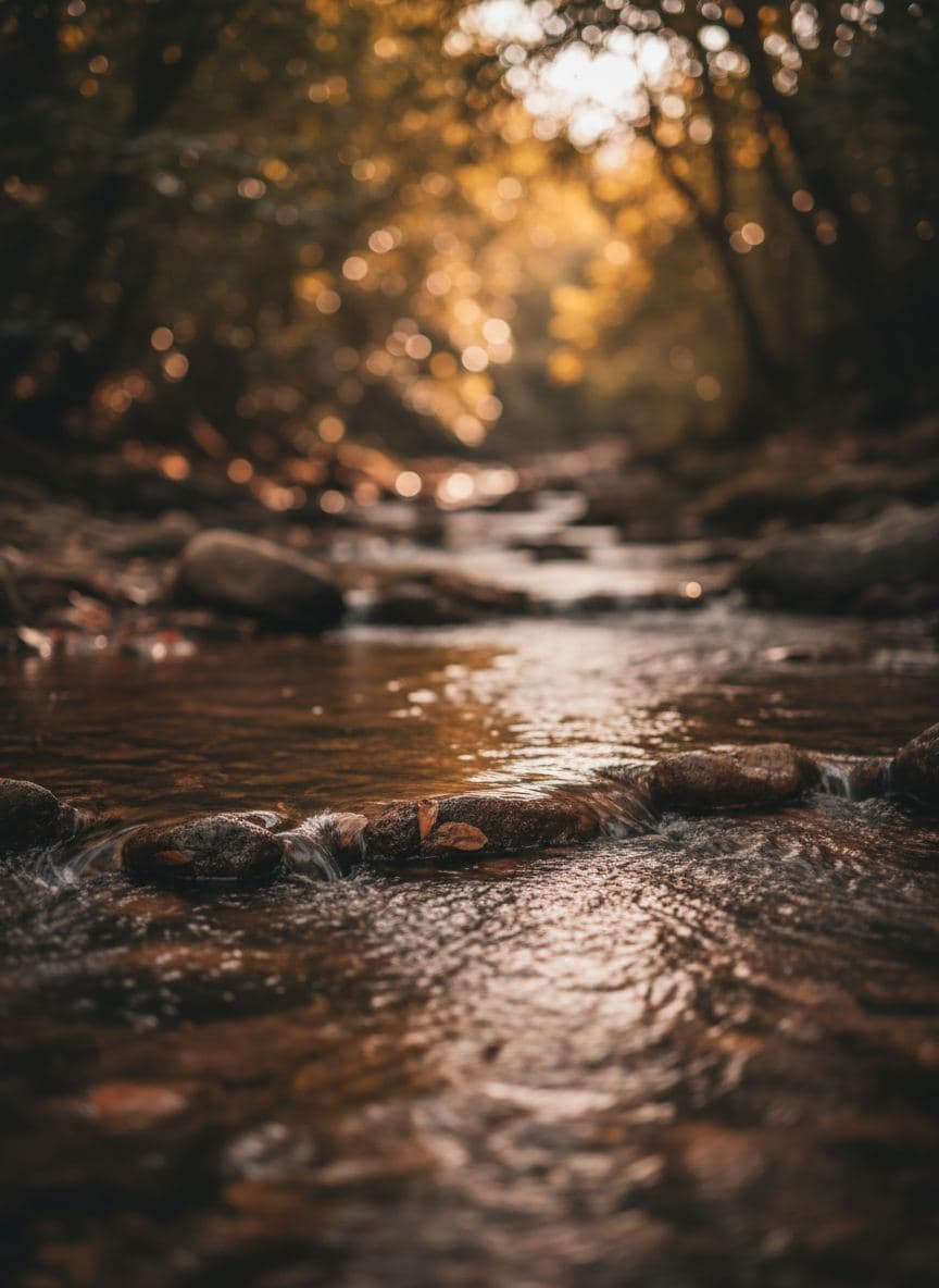 A creek running over stones in golden hour light